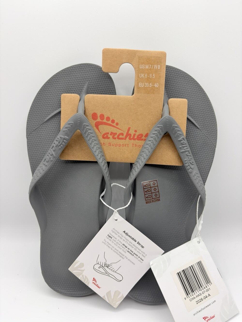 Archies Flip Flop Sandals Unisex Sz M7 W8 Gray Charcoal Arch Support Therapy NWT